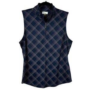 Greg Norman Play Dry Golf Athletic Plaid Sleeveless 1/4 Zip Top Large Blue